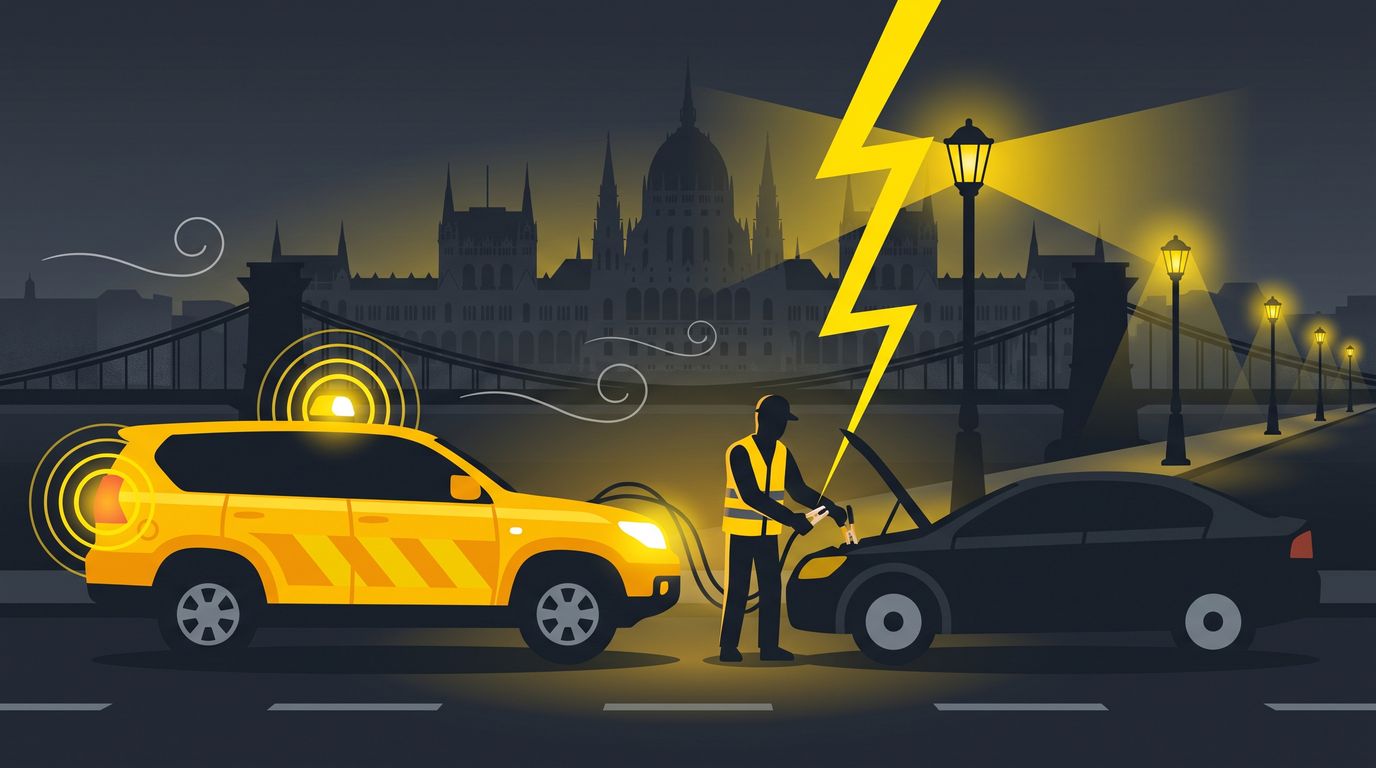 Sárga segélyautó és bikázó technikus a Lánchíd és a Parlament előtt illusztráció