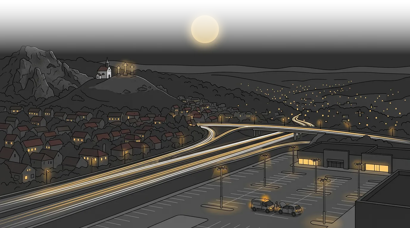 Budaörs éjjel: a Kálvária-domb kápolnája, alatta az M1/M7 fénycsíkjai és bikázás az áruházparkolóban