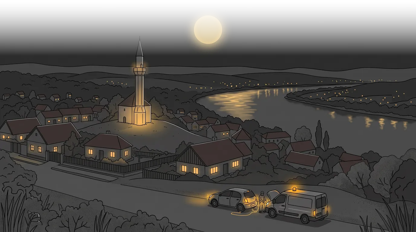 Érd éjjel: a minaret az ófalui dombon, mögötte a Duna, előtérben bikázás