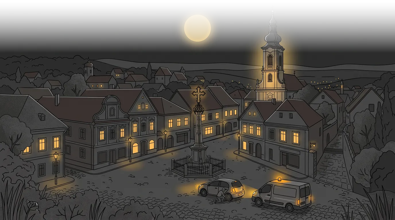 Szentendre éjjel: a barokk Fő tér a pestiskereszttel és a templomtoronnyal